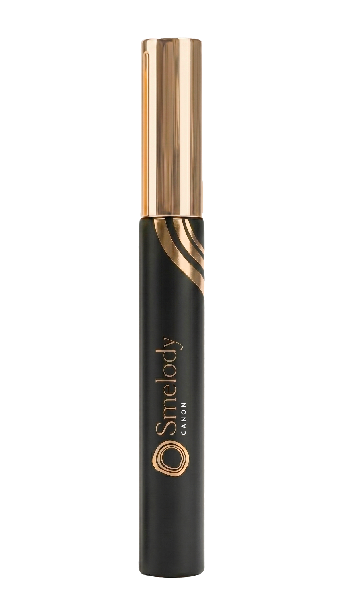 Flacon de 10 ml d’extrait de parfum Canon de Smelody, avec capuchon doré et signature dorée sur fond blanc.